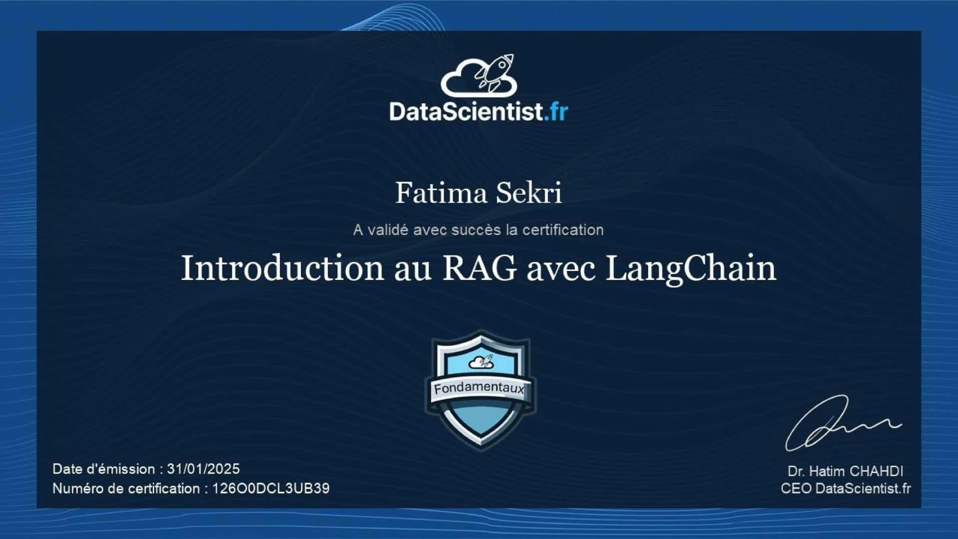 Certificat de Fatima Sekri