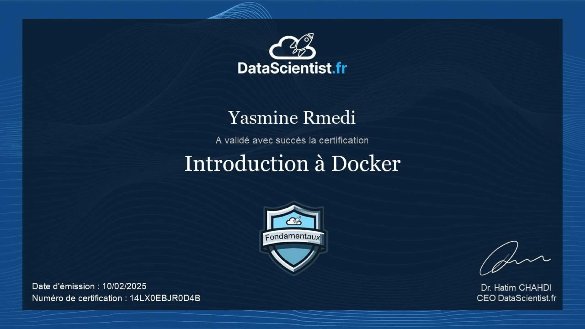 Certificat de Yasmine Rmedi